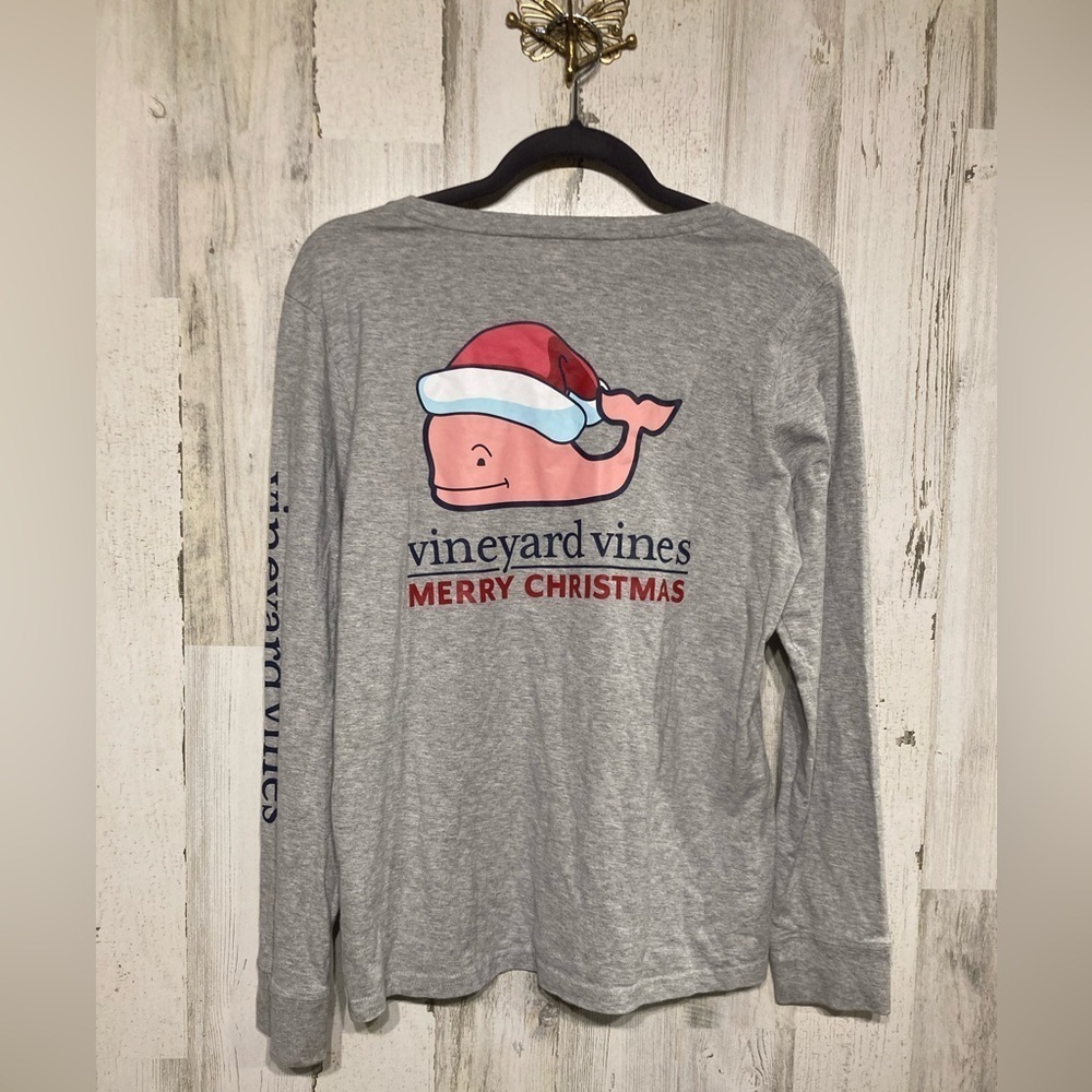 Vineyard Vines Grey Pink Santa Whale Pocket Long-Sleeve Tee Small - Picture 6 of 10